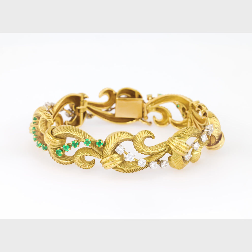 Vintage French Emerald Diamond 18K Yellow Gold Bracelet