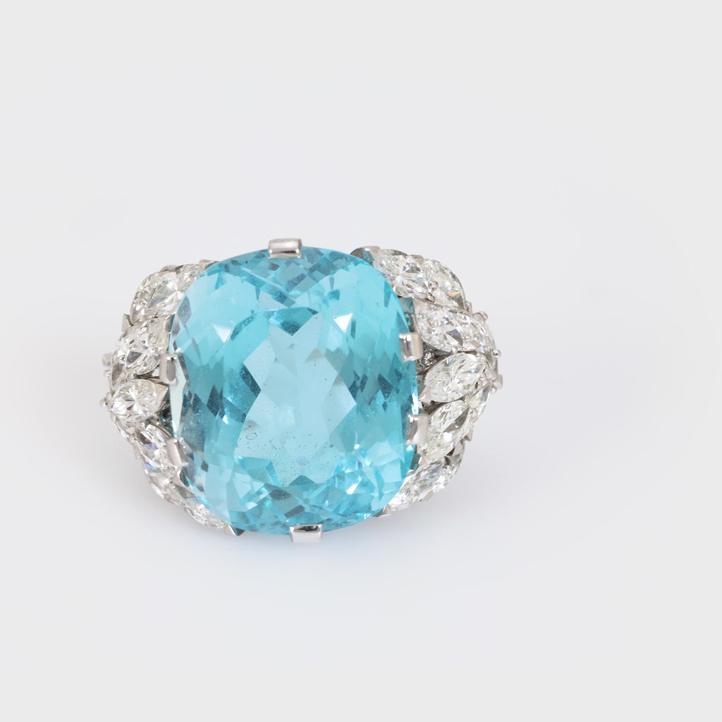 Mid Century French 22 carat aquamarine diamond 18k white gold cocktail ring Jack Weir & Sons