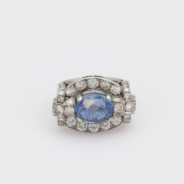 Mid Century GIA 4.55 carat no heat sapphire diamond platinum tank ring Jack Weir & Sons