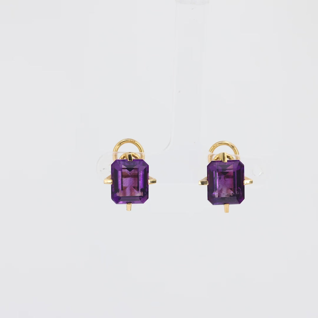 Vintage emerald cut amethyst 18k yellow gold earrings