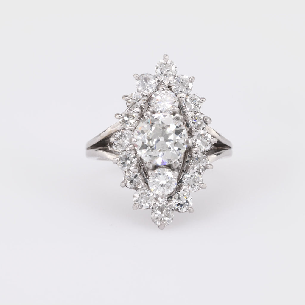 Mid Century GIA .88 Carat Diamond 18K White Gold Navette Ring