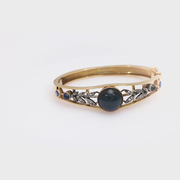 Victorian GIA 10.50 carat no heat sapphire diamond 14k yellow gold bangle Jack Weir & Sons