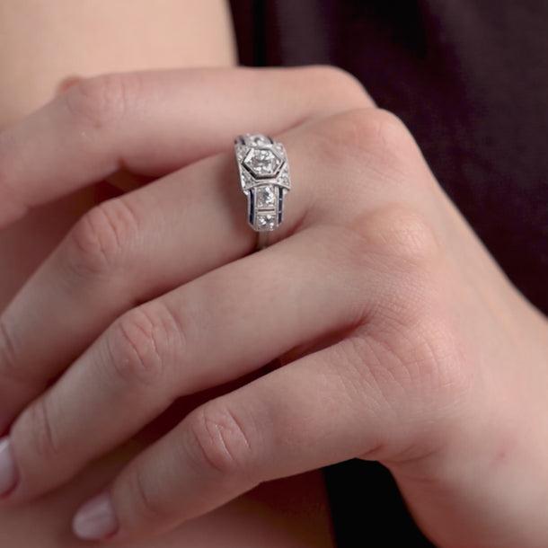 Art Deco old cut diamond sapphire platinum dinner ring Rings Jack Weir & Sons