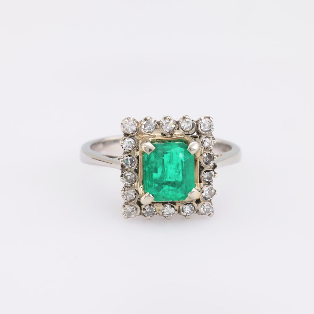 Mid Century GIA 1.1 Carat Emerald Diamond 18K Yellow Gold Cluster Ring