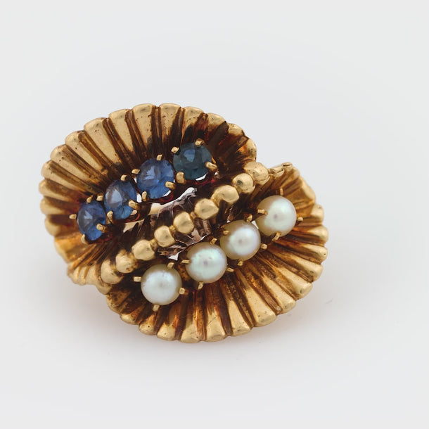 Mid Century sapphire pearl 14k yellow gold cocktail ring Jack Weir & Sons