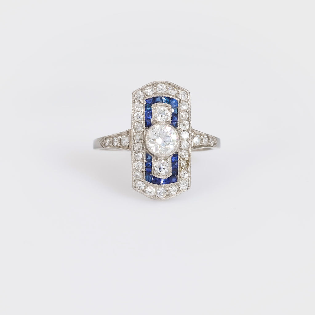 Art Deco platinum diamond sapphire ring Jack Weir & Sons