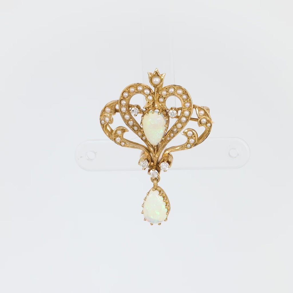 Victorian opal diamond and seed pearl 18k yellow gold brooch pendant Jack Weir & Sons