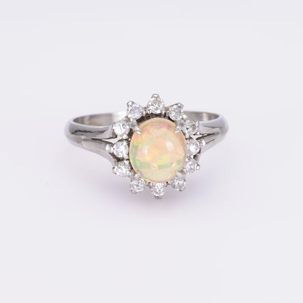 Modern Opal Diamond Platinum Cluster Ring