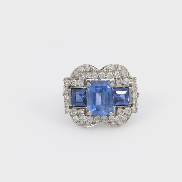 Art Deco GIA 5.50 carat Ceylon no heat sapphire diamond platinum cocktail ring Jack Weir & Sons