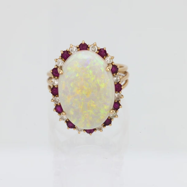 Vintage 7.15 carat opal diamond ruby 14k yellow gold cluster ring Jack Weir & Sons