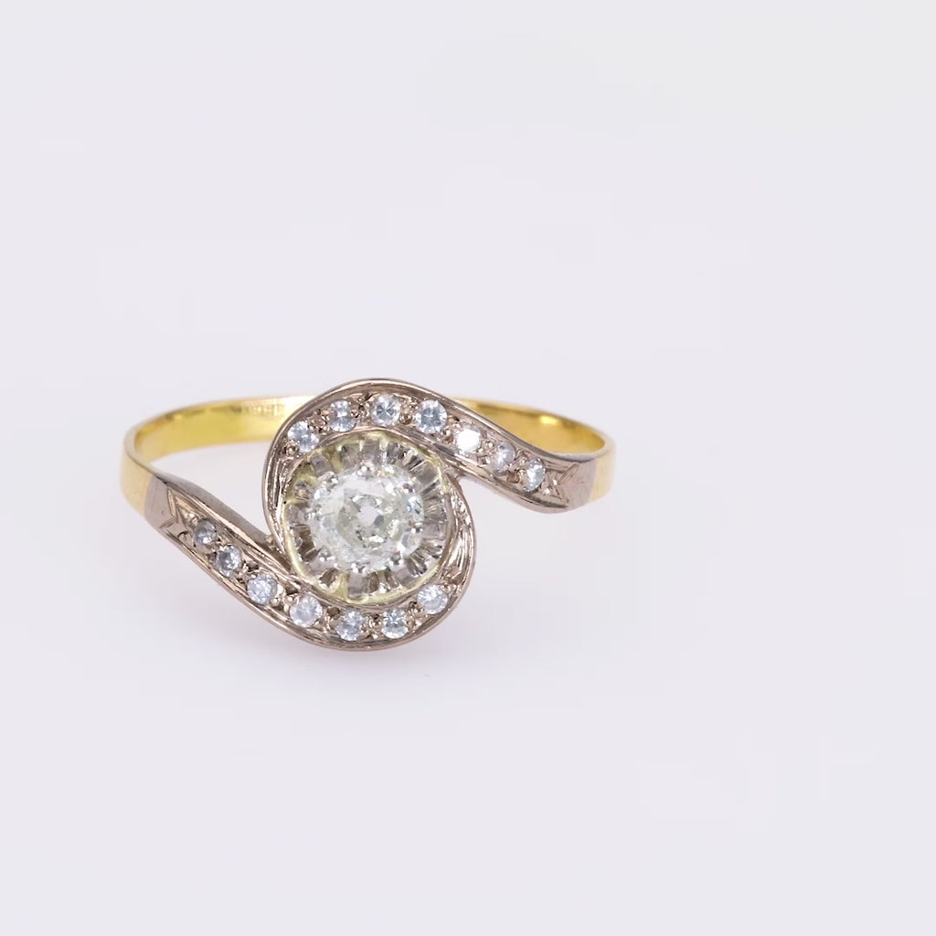 French Belle Epoque Diamond Yellow Gold Swirl Ring