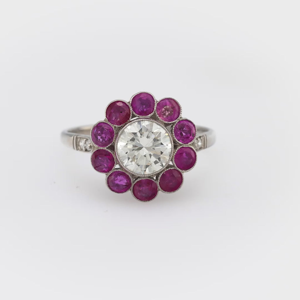 Art Deco style 1.11 carat transitional cut diamond ruby platinum cluster ring Jack Weir & Sons