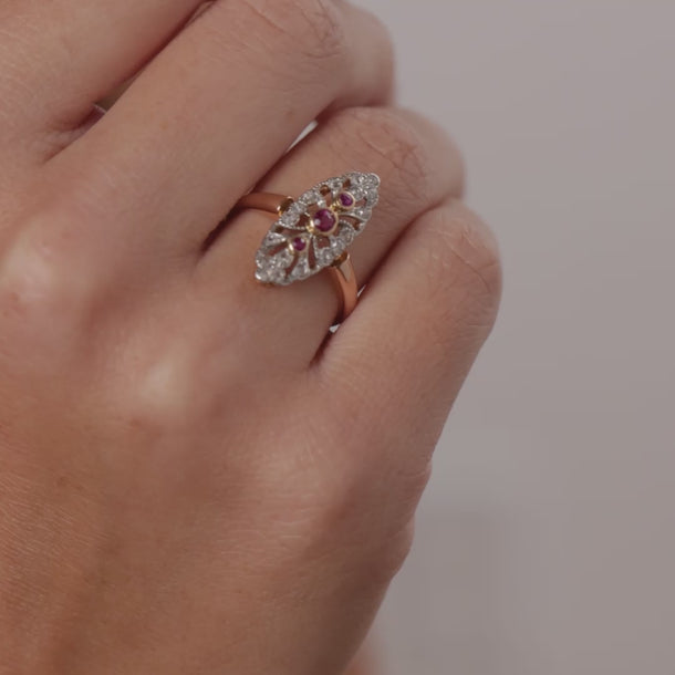 French Belle Époque ruby diamond 18k rose gold Navette ring Rings Jack Weir & Sons
