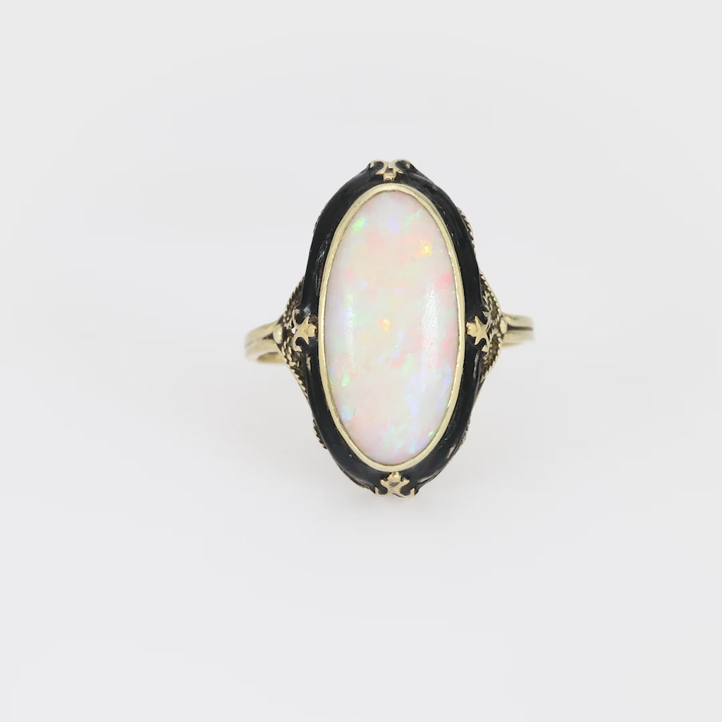 Antique 3.50 carat cabochon cut opal 14k yellow gold enamel ring Jack Weir & Sons