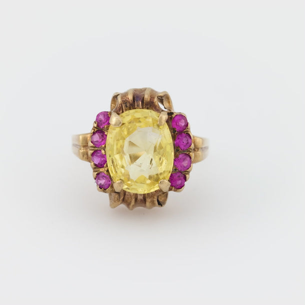 Retro GIA 4.20 carat no heat yellow sapphire ruby 14k yellow gold ring Jack Weir & Sons