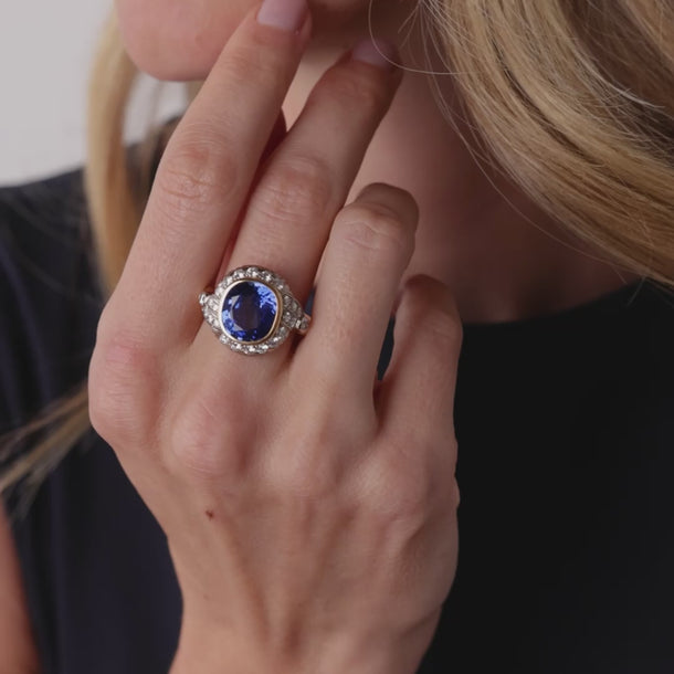 French GIA 8.00 carat Ceylon sapphire diamond 18k two tone gold cocktail ring Rings Jack Weir & Sons