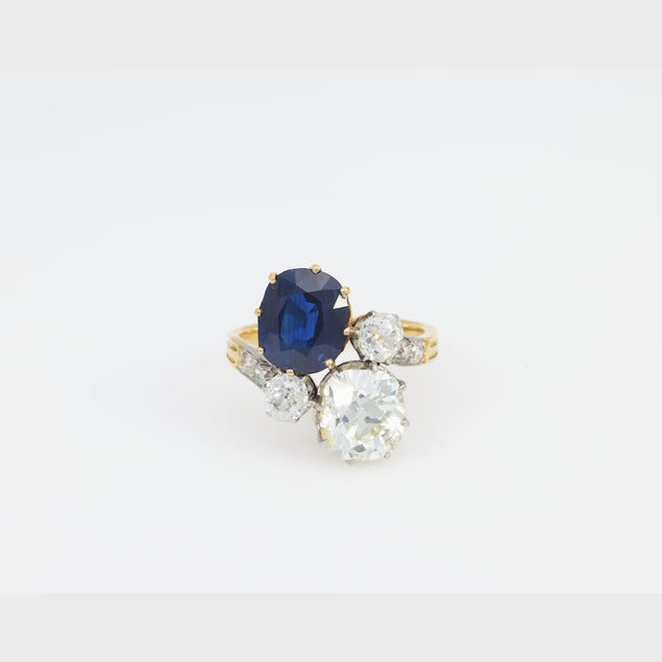 French AGL 3.42 carat no heat sapphire diamond 18k yellow gold toi et moi ring Jack Weir & Sons