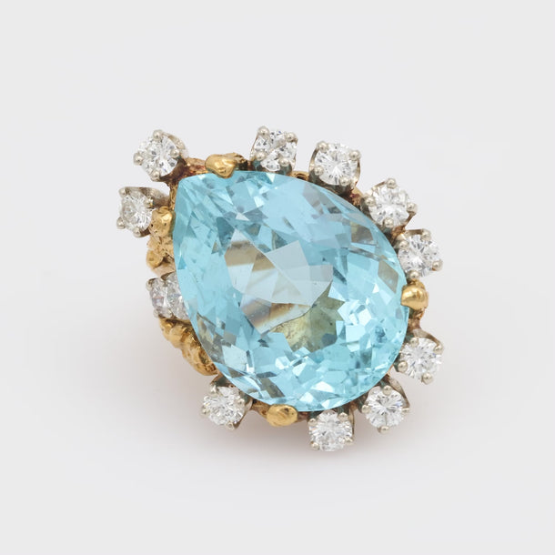 Mid Century 21 carat aquamarine diamond 18k yellow gold cocktail ring Jack Weir & Sons