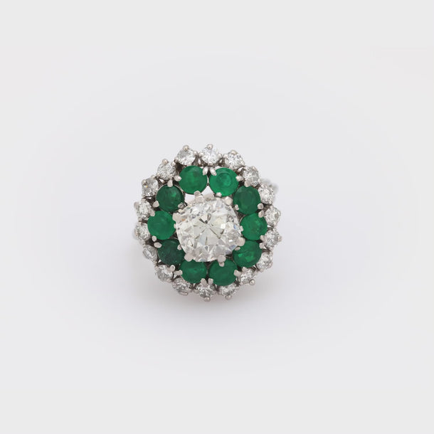 GIA 2.13 carat old mine cut diamond emerald 18k white gold cocktail ring