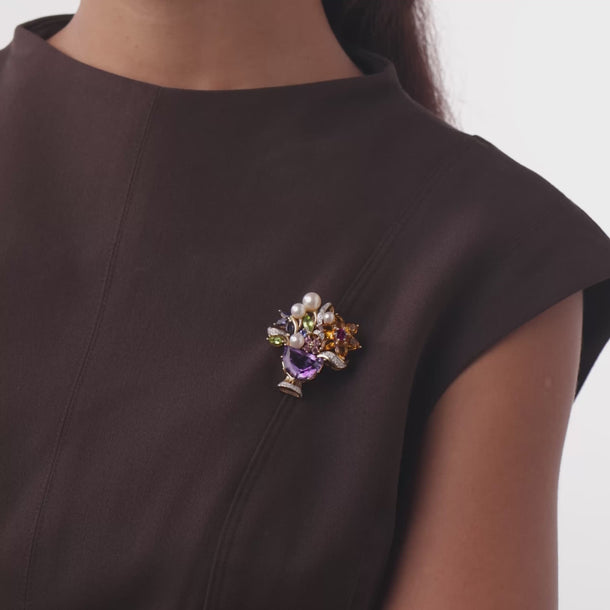Vintage gemstone pearl diamond 14k yellow gold bouquet brooch