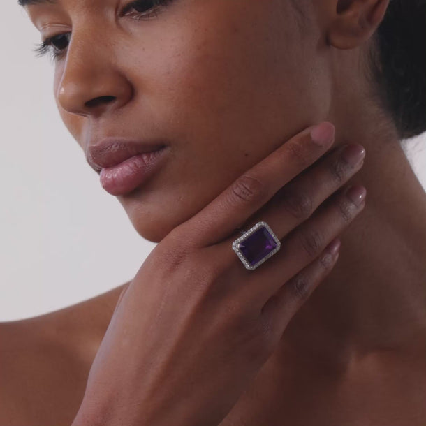 Contemporary 9.45 carat amethyst diamond platinum cocktail ring