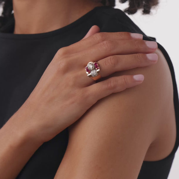 Retro 1.47 carat diamond synthetic ruby 18k rose gold platinum tank ring