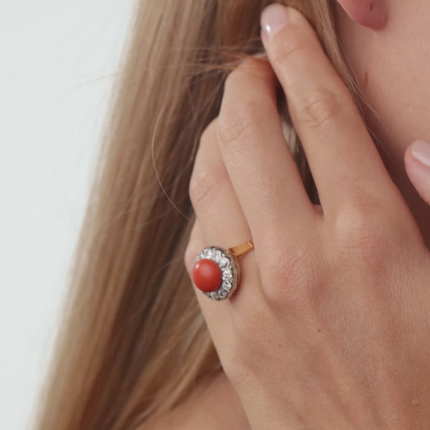 Edwardian coral diamond 18k yellow gold platinum cluster ring
