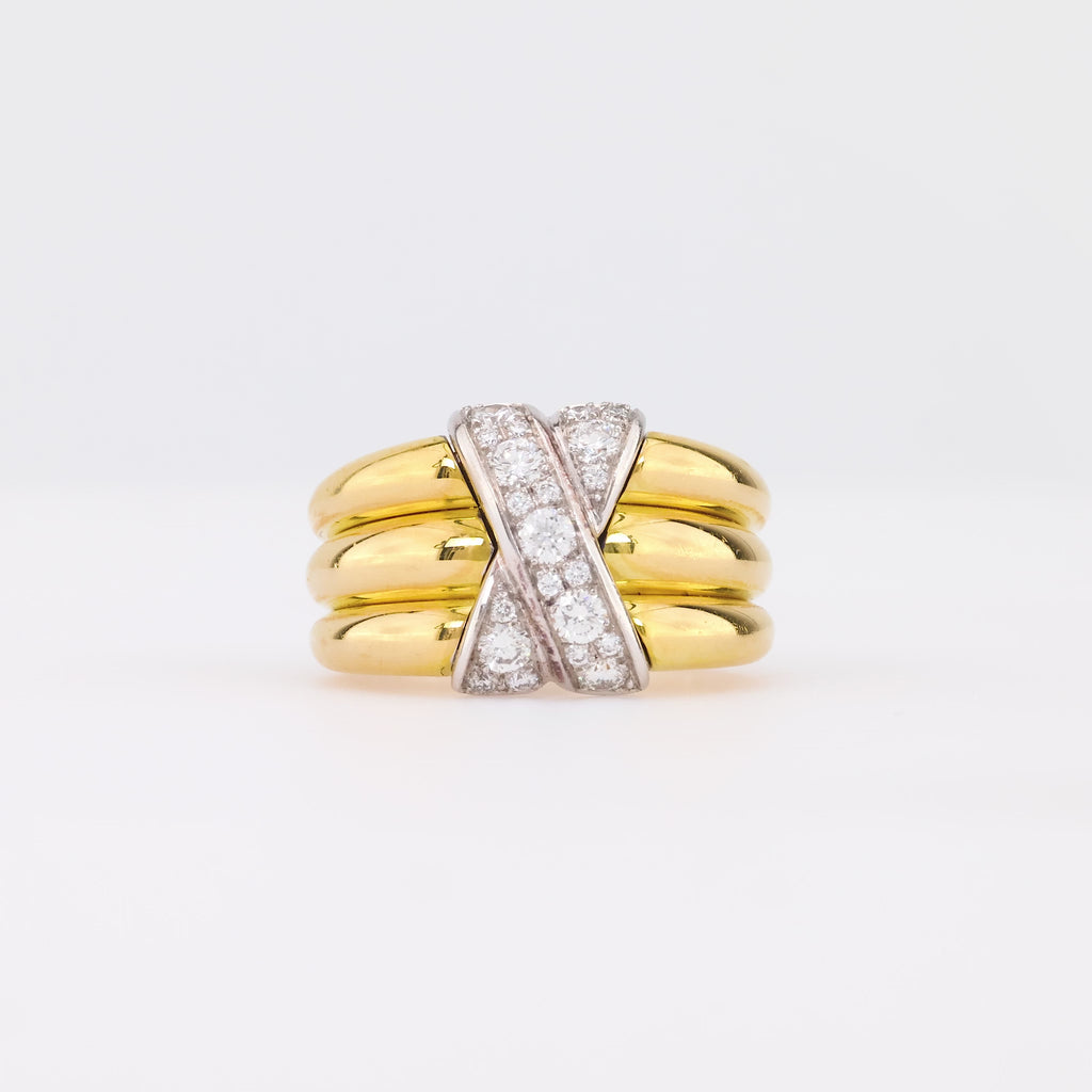 Vintage French Diamond 18K Yellow and White Gold X Ring