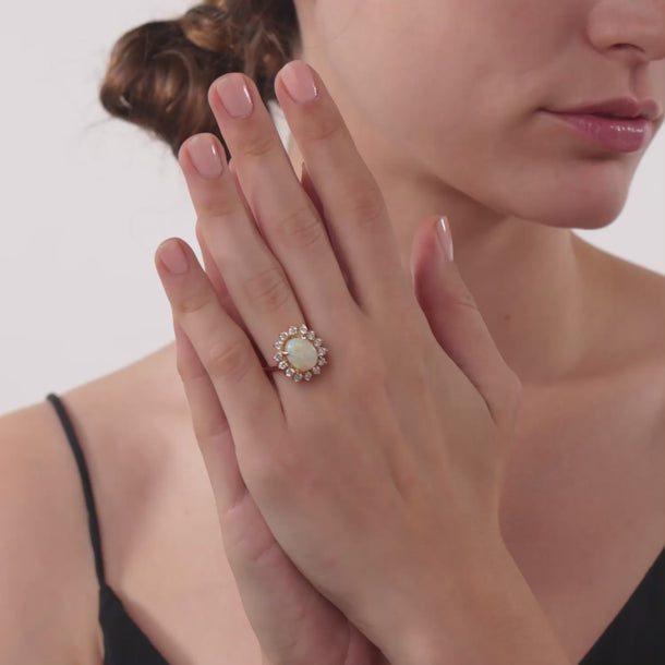 Vintage opal diamond 14k yellow gold cluster ring