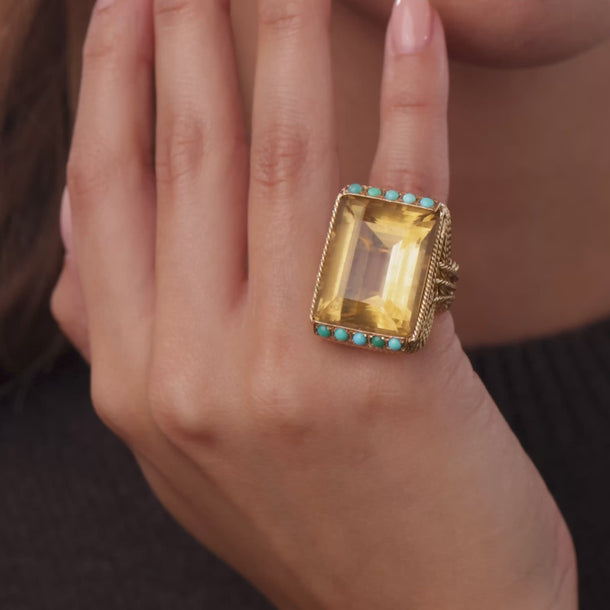 Retro 40.00 carat citrine turquoise 16k yellow gold cocktail ring