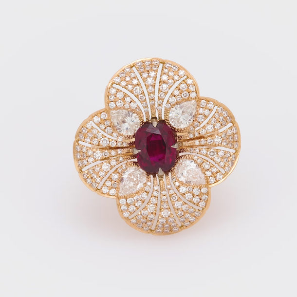 Modern GIA 2.04 carat ruby diamond 18k rose gold flower ring Jack Weir & Sons