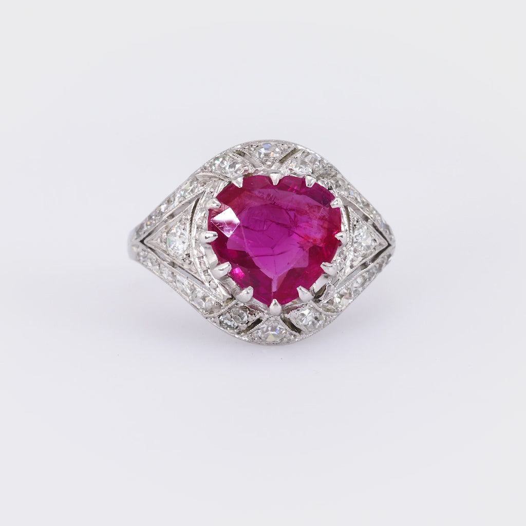 Art Deco French GIA 1.8 Carat Burma No Heat Ruby Diamond Platinum Ring