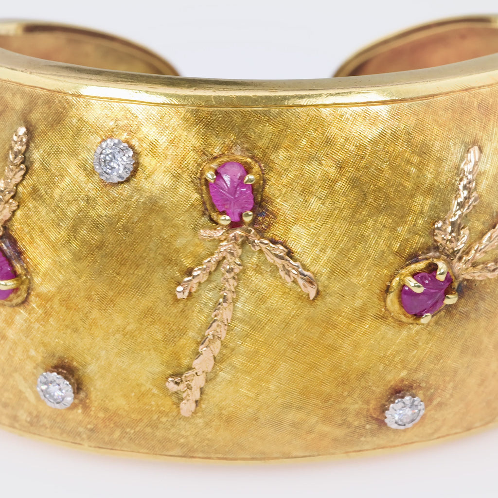 Mid-Century Ruby Diamond 18K Yellow Gold Cuff Bangle Bracelet