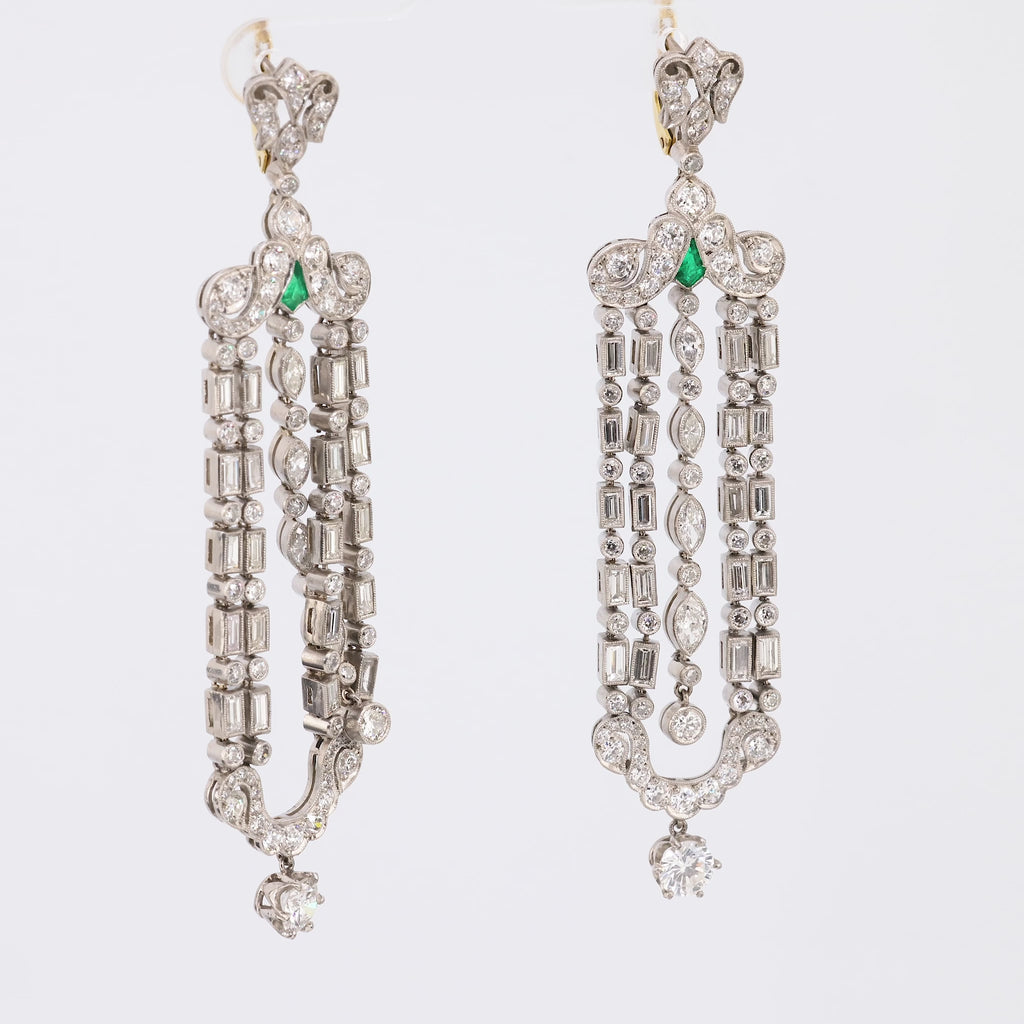 Art Deco inspired 9.2 carat diamond emerald platinum chandelier earrings Jack Weir & Sons