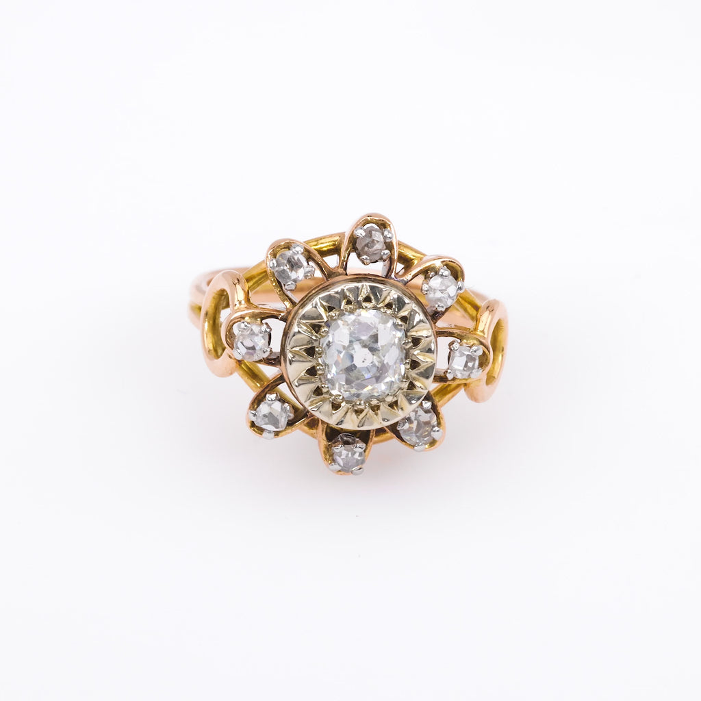 Victorian Old Mine Cut Diamond 18K Yellow Gold Cluster Ring