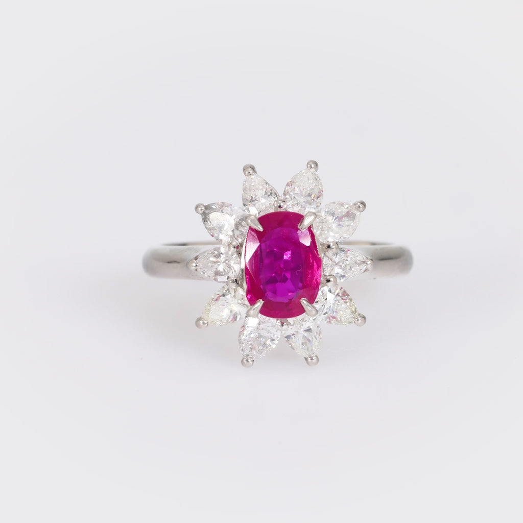 Modern ruby diamond platinum cluster ring Jack Weir & Sons