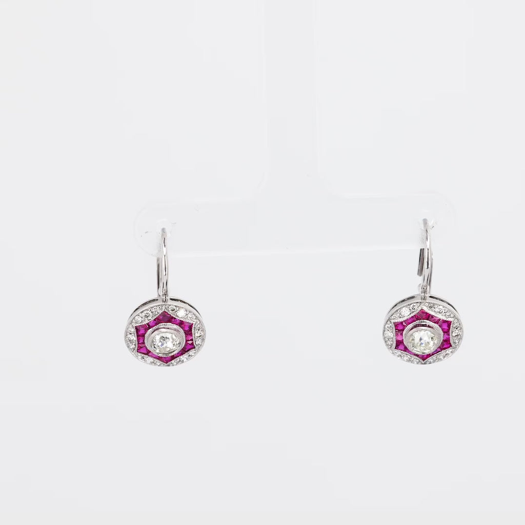 Art Deco style diamond ruby 14k white gold target earrings Jack Weir & Sons