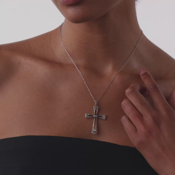 Art Deco diamond 14k yellow gold and platinum cross pendant necklace