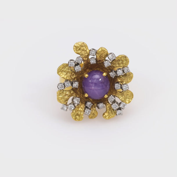 Vintage 4 carat purple star sapphire diamond 18k yellow gold cocktail ring Jack Weir & Sons