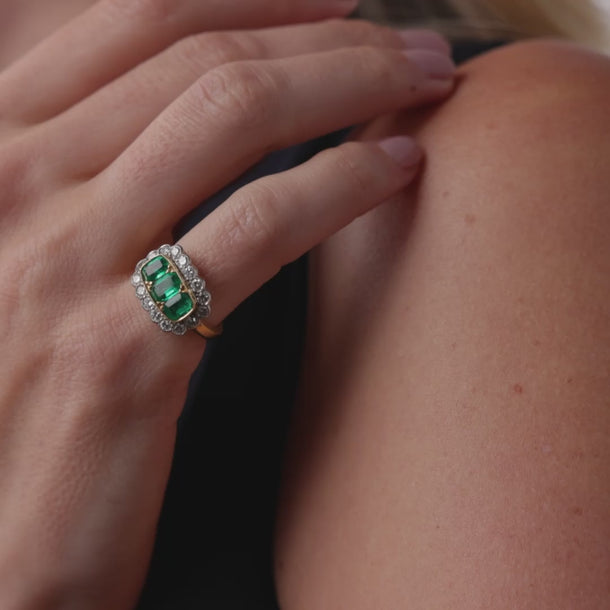 Retro English GIA Colombia no oil emerald diamond 18k two tone gold ring Rings Jack Weir & Sons