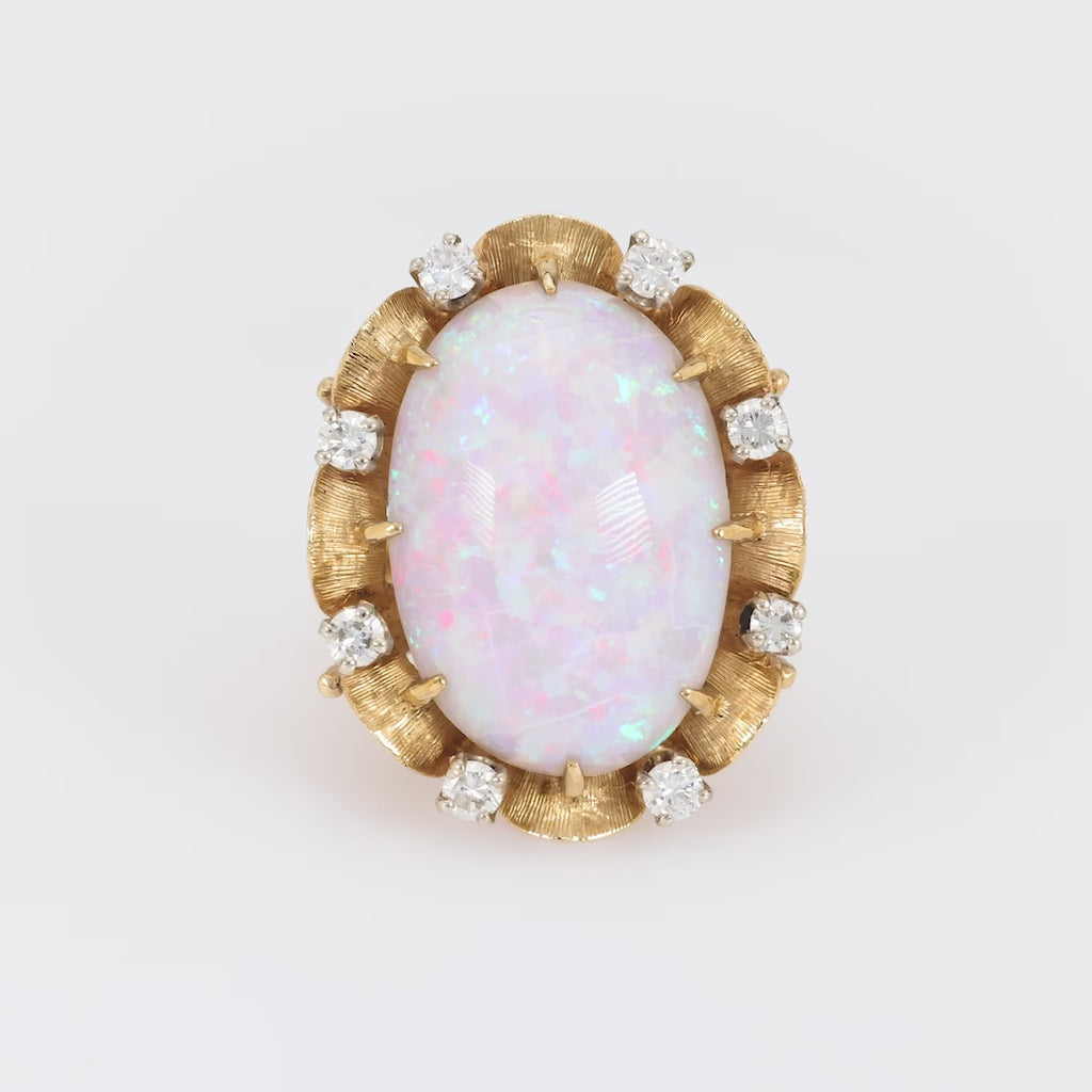 Mid Century 9.30 carat opal diamond 14k yellow gold cocktail ring Jack Weir & Sons