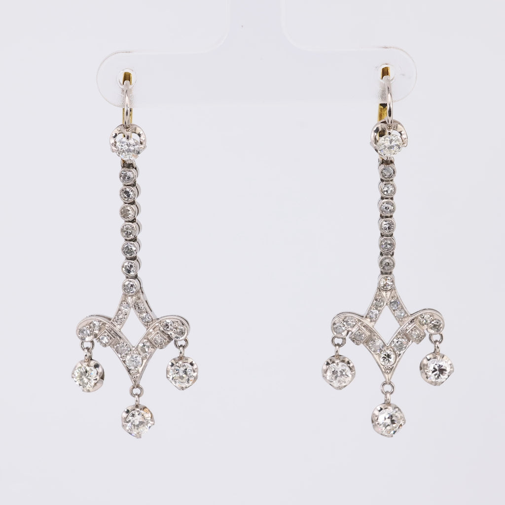 Art Deco inspired 3 carat total weight diamond platinum drop earrings