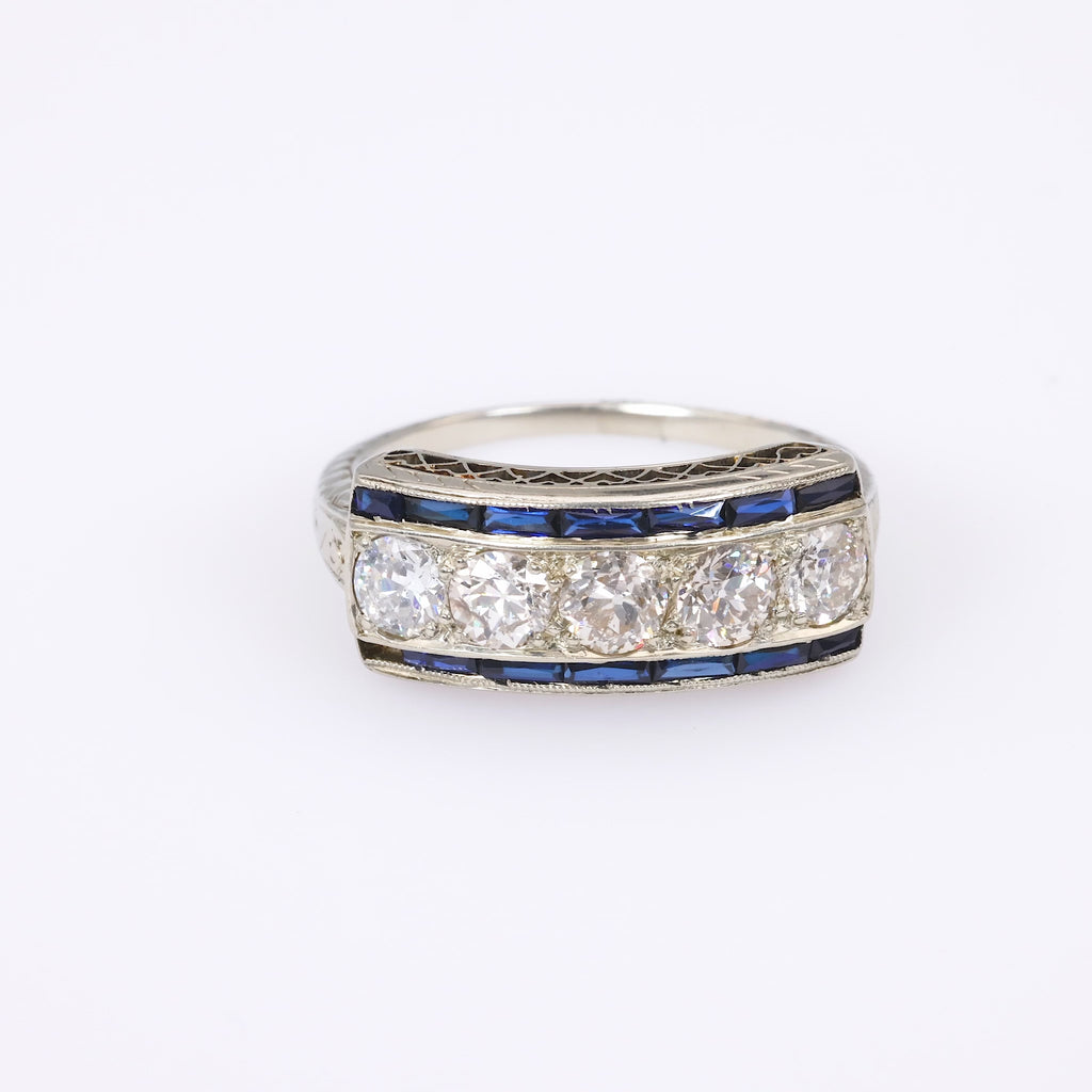 Art Deco Diamond Sapphire 18K White Gold Band