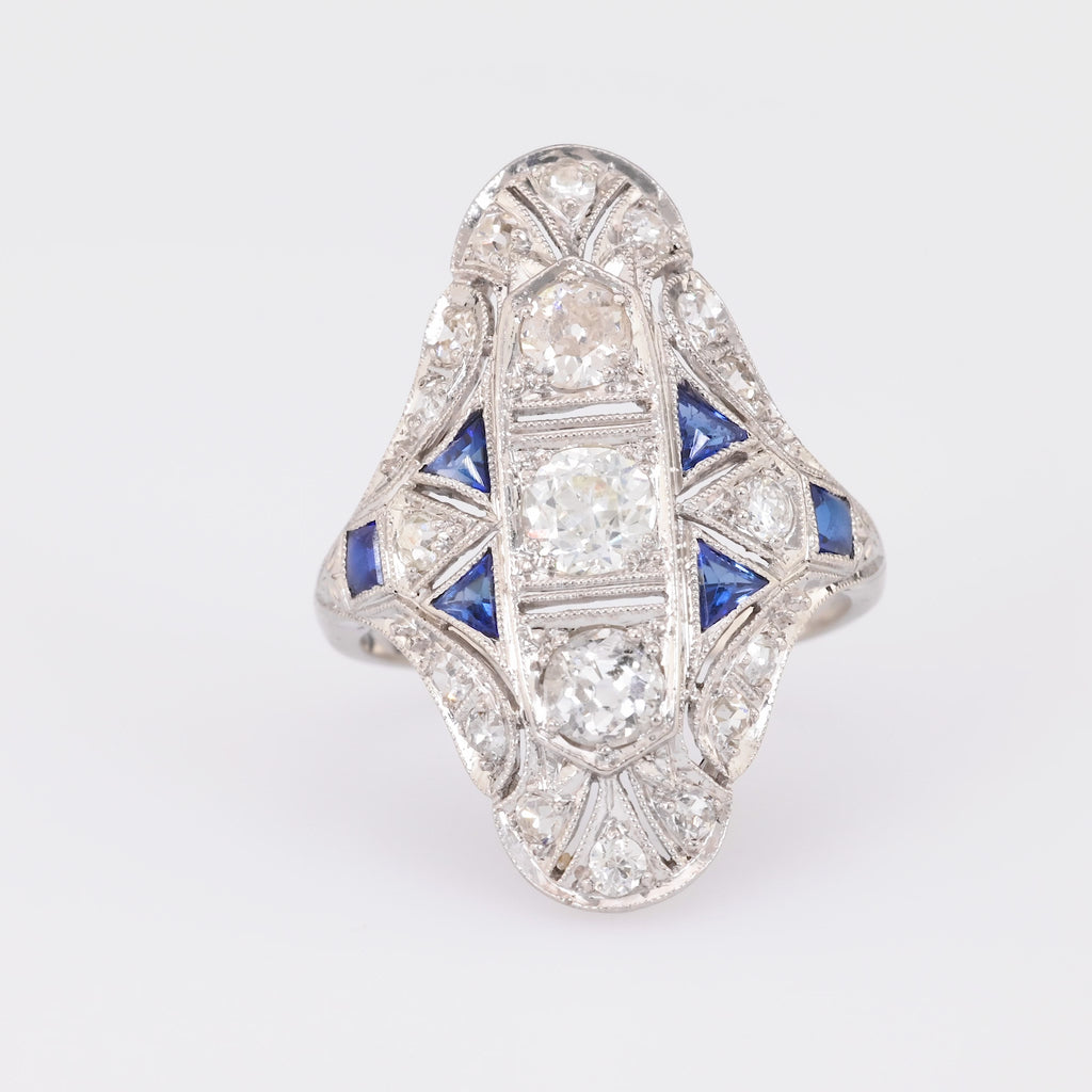 Art Deco Diamond Sapphire Platinum Navette Ring