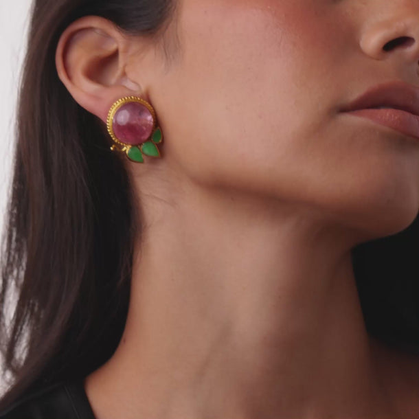 Vintage 40.00 carat pink tourmaline jade 24k yellow gold earrings