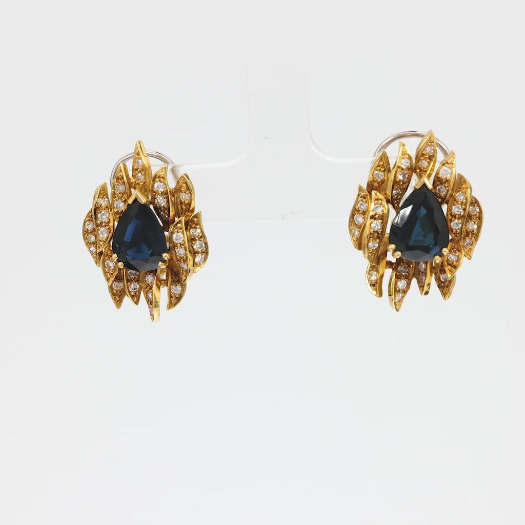 Vintage 4.20 carat total weight sapphire diamond 18k yellow gold earrings Jack Weir & Sons