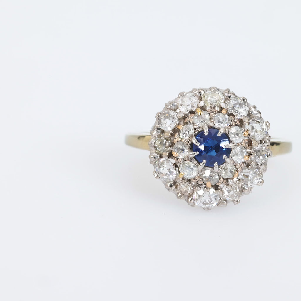 Antique sapphire diamond 18k yellow gold cluster ring Jack Weir & Sons