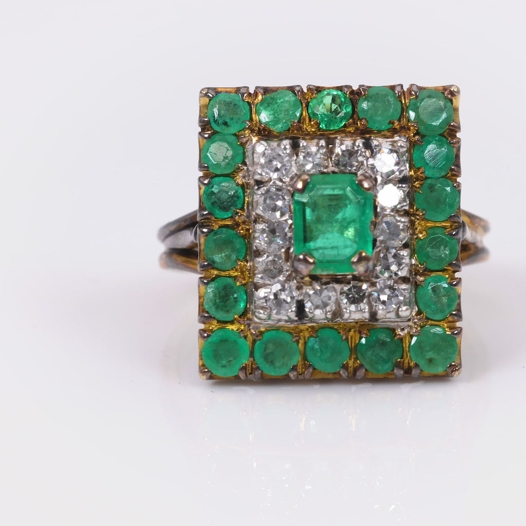 Belle Époque French Emerald Diamond 14K Yellow Gold Halo Ring Jack Weir & Sons