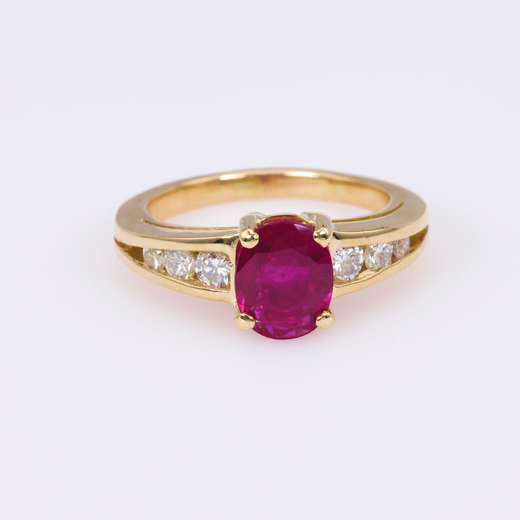 Vintage French GIA 1.56 Carat Burma Ruby Diamond 18K Yellow Gold Ring
