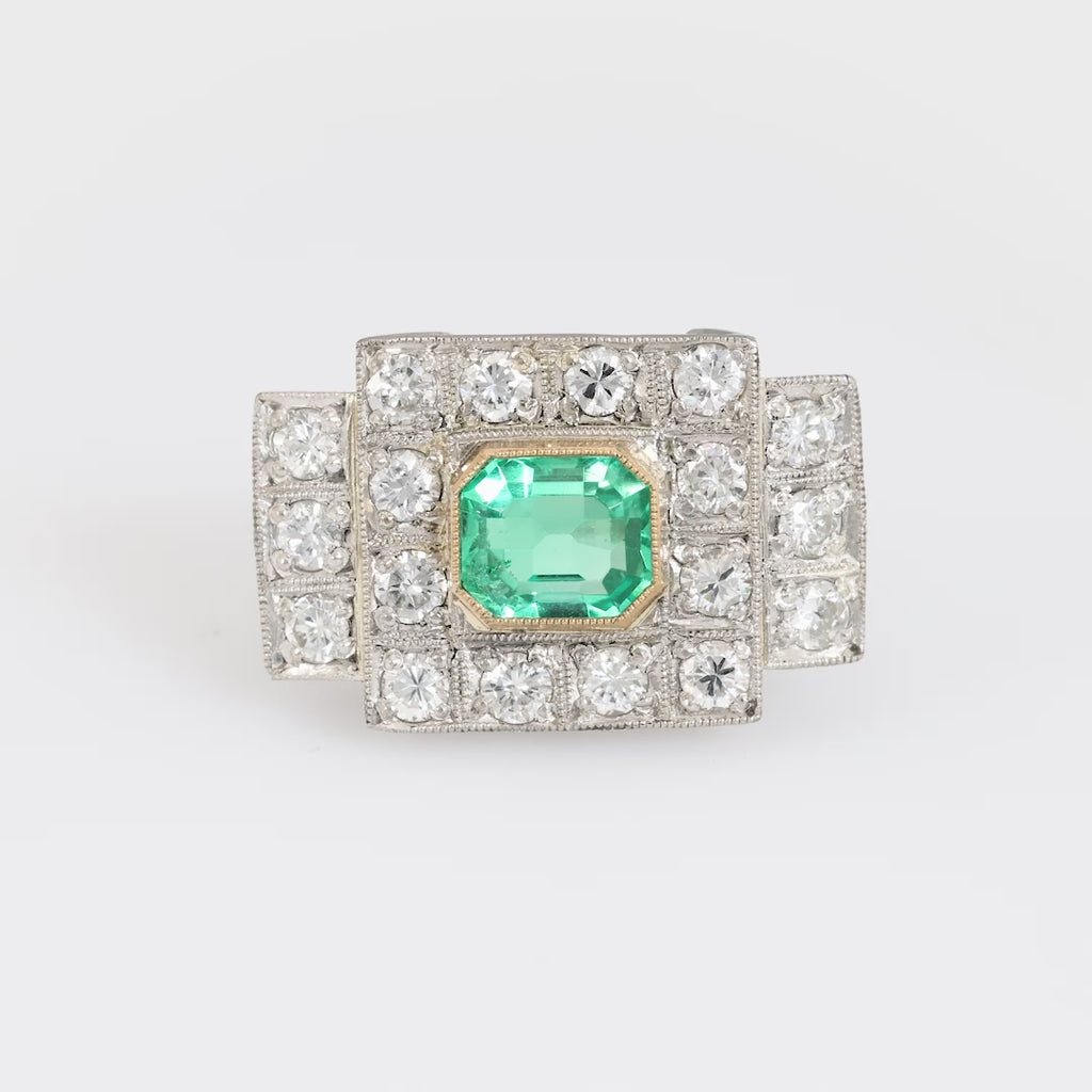 Art Deco style 1.17 carat emerald diamond platinum Tank ring Jack Weir & Sons